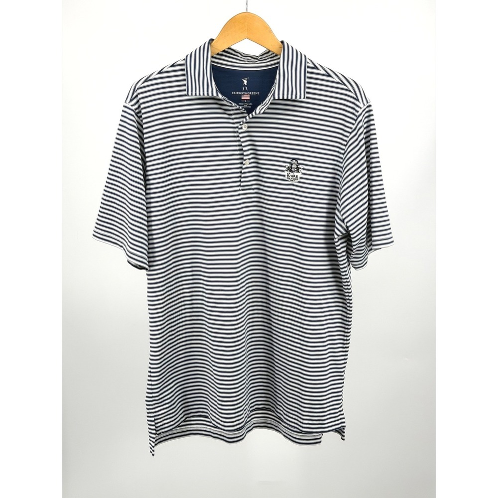 Fairway & Greene Duke Golf Club Polo Mens L Blue White Stripe Performance